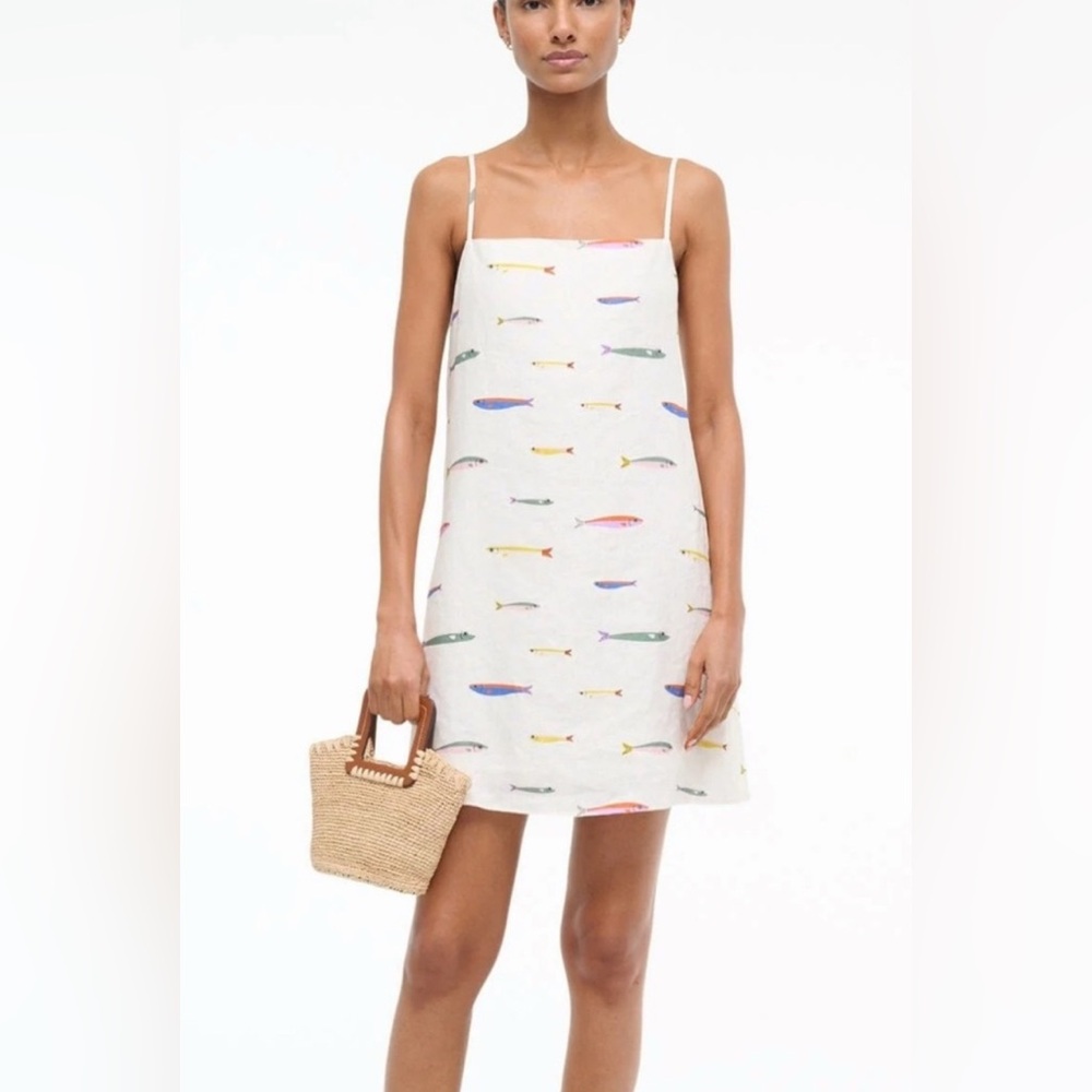 NWT Staud LAURA LINEN MINI DRESS POP SARDINES IVORY size Small Fish Dress